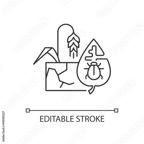Production risks linear icon. Risk management in agriculture. Factors affecting quality of goods. Thin line customizable illustration. Contour symbol. Vector isolated outline drawing. Editable stroke