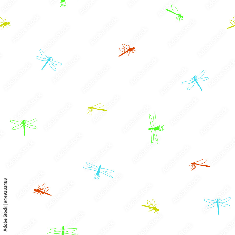 Seamless vector pattern of simple dragonfly on white background