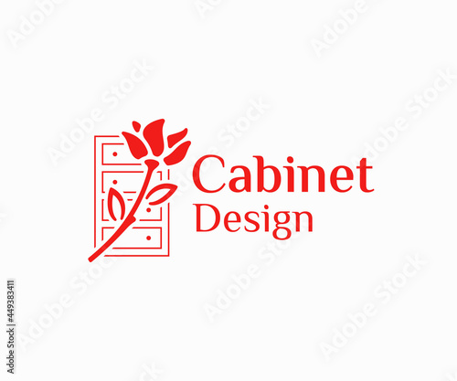Cabinetry work logo design. Wooden frame cabinet door and drawers with rose vector design. Cabinet finishing logotype