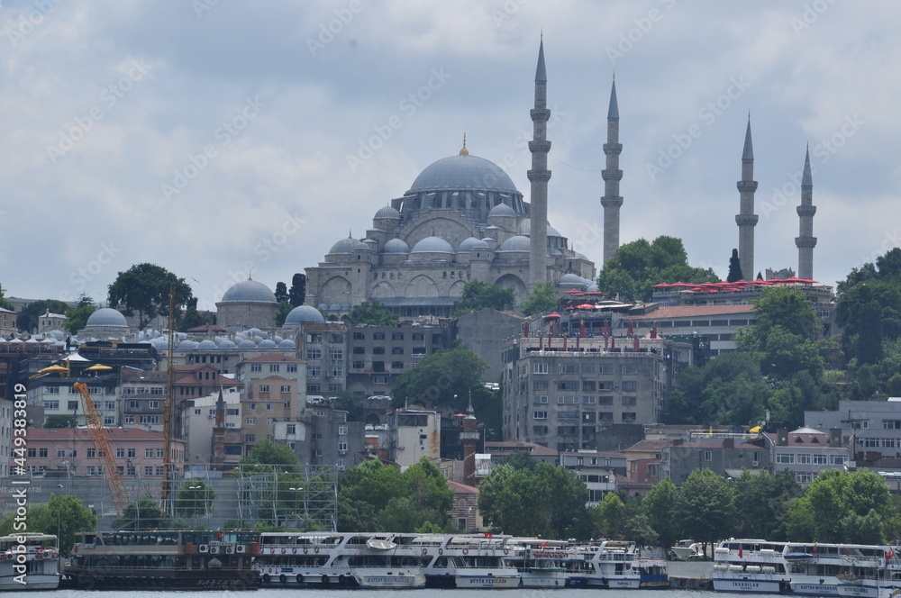 Panoramic view of the mosque and residential buildings of Istanbul. July 11, 2021, Istanbul, Turkey.