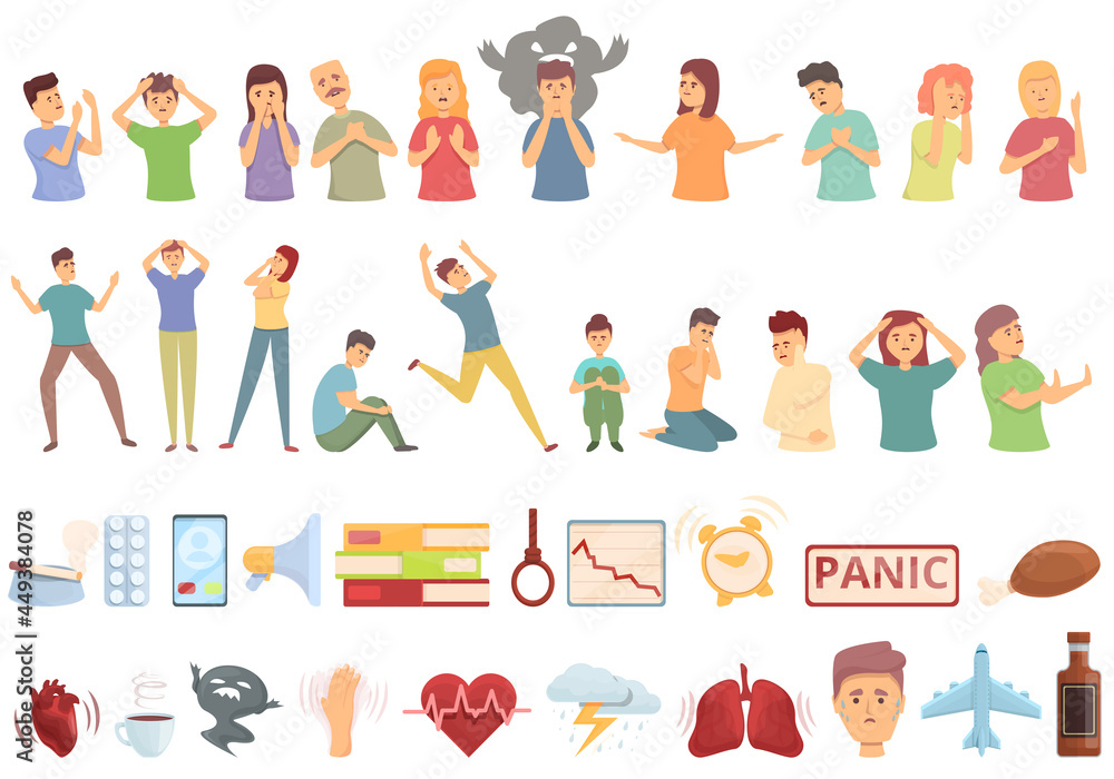 Panic attack icons set cartoon vector. Anxiety panic. Afraid attack Panic attack icons set cartoon vector. Anxiety panic. Afraid attack