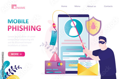 Masked spy with fishing rod steals money from users. Hacker engaged in mobile phishing