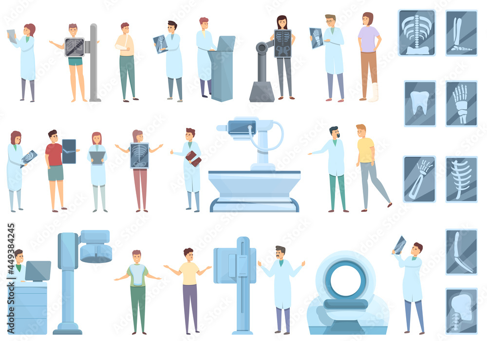 X-ray examination icons set cartoon vector. Hospital room. Medical examination X-ray examination icons set cartoon vector. Hospital room. Medical examination
