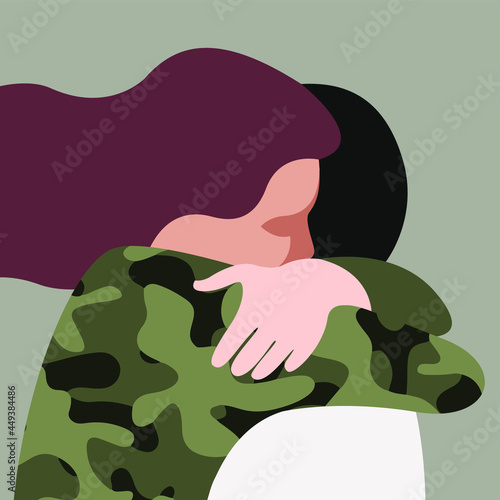 vector illustration of two hugging people in love. guy hugs a military girl. the soldier returned from a business trip from the combat zone. rehabilitation and reintegration of war veterans.
