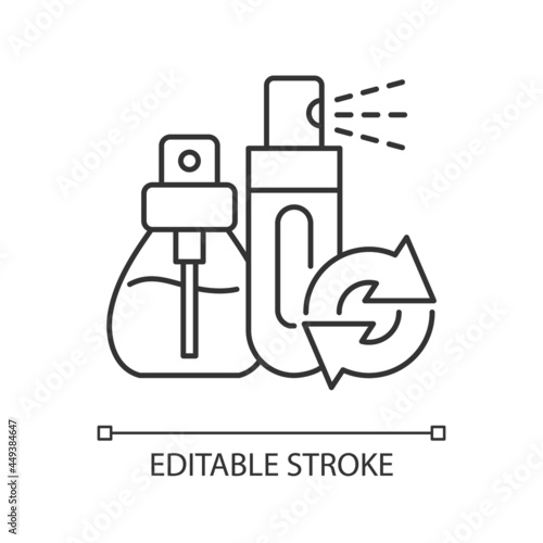 Perfume refill linear icon. Eco friendly package. Refillable sprayer. Dispenser with fluid. Thin line customizable illustration. Contour symbol. Vector isolated outline drawing. Editable stroke