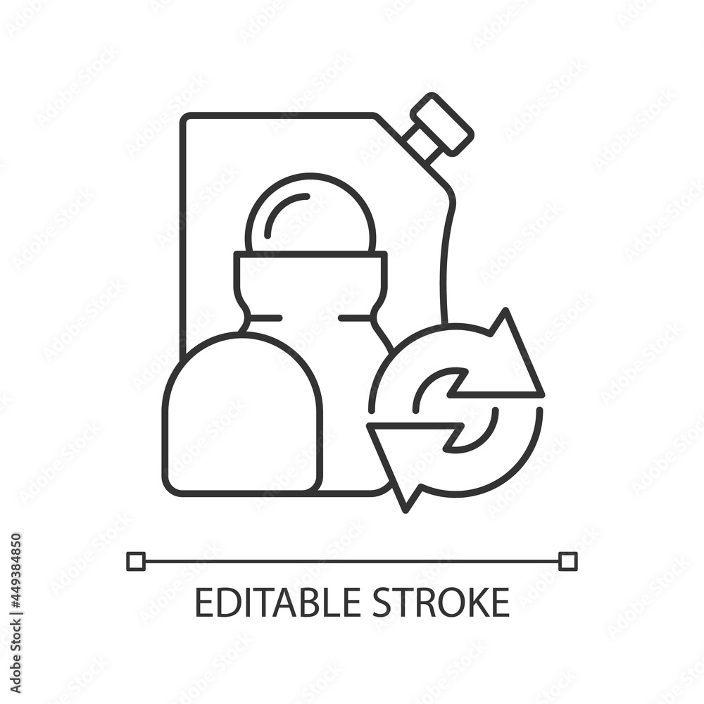 Roll on deodorant refill linear icon. Cosmetic for hygiene. Eco friendly package. Thin line customizable illustration. Contour symbol. Vector isolated outline drawing. Editable stroke Roll on deodorant refill linear icon. Cosmetic for hygiene. Eco friendly package. Thin line customizable illustration. Contour symbol. Vector isolated outline drawing. Editable stroke