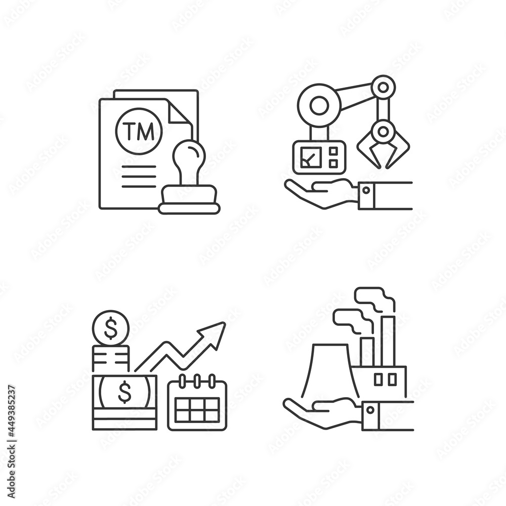 Long term business investments linear icons set. Machinery owning and plants ownership. Customizable thin line contour symbols. Isolated vector outline illustrations. Editable stroke Long term business investments linear icons set. Machinery owning and plants ownership. Customizable thin line contour symbols. Isolated vector outline illustrations. Editable stroke