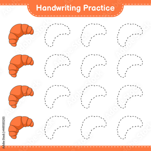 Handwriting practice. Tracing lines of Croissant. Educational children game, printable worksheet, vector illustration