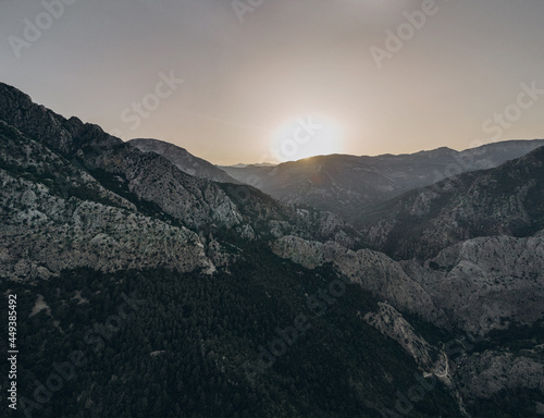 Panorama of countryside in mountain.Green forest on the hills, cliffs