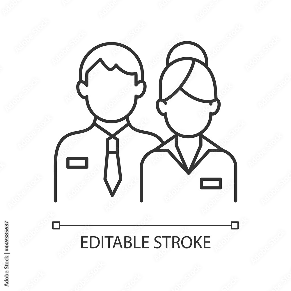 Company staff linear icon. Man and woman in uniform. Official business representatives. Thin line customizable illustration. Contour symbol. Vector isolated outline drawing. Editable stroke Company staff linear icon. Man and woman in uniform. Official business representatives. Thin line customizable illustration. Contour symbol. Vector isolated outline drawing. Editable stroke