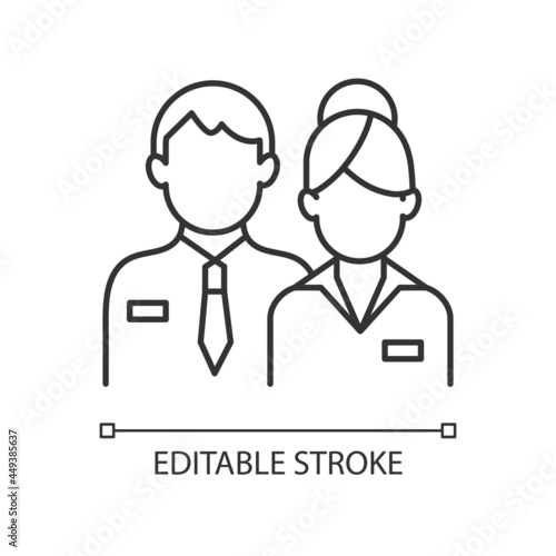 Company staff linear icon. Man and woman in uniform. Official business representatives. Thin line customizable illustration. Contour symbol. Vector isolated outline drawing. Editable stroke