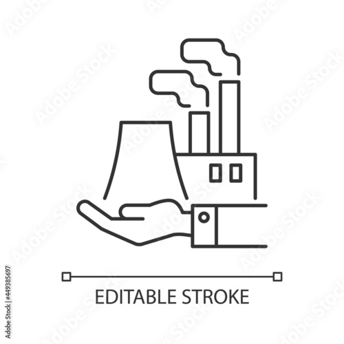 Manufacturing linear icon. Plants and ownership. Production of goods. Machine industry. Thin line customizable illustration. Contour symbol. Vector isolated outline drawing. Editable stroke