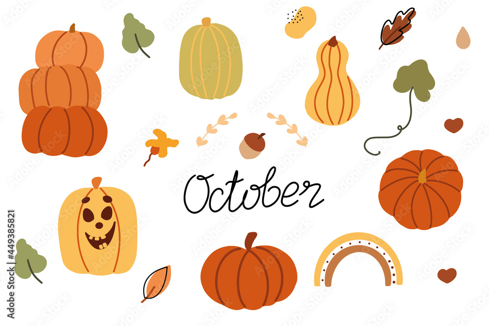 Vector set of colorful autumn icons. Pumpkins, leaves, rainbow