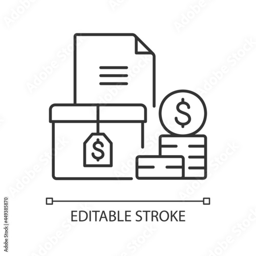 Accounts receivable linear icon. Money balance. Financial management. Document currency. Thin line customizable illustration. Contour symbol. Vector isolated outline drawing. Editable stroke