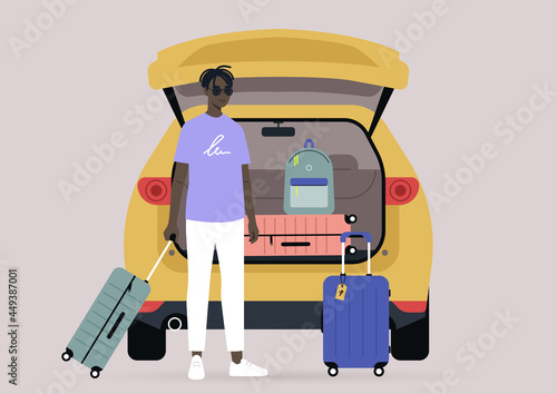 A young male Black character packing suitcases in a car trunk, summer break road trip, vacation lifestyle