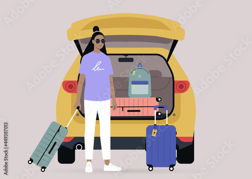 A young female Asian character packing suitcases in a car trunk, summer break road trip, vacation lifestyle