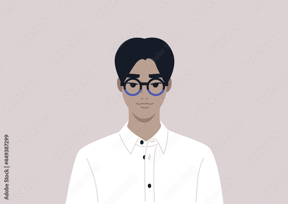 A young male Asian character wearing fancy eyeglasses and a white button up shirt, office smart casual lifestyle A young male Asian character wearing fancy eyeglasses and a white button up shirt, office smart casual lifestyle