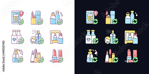 Refillable products light and dark theme RGB color icons set. Recyclable and eco friendly package. Isolated vector illustrations on white and black space. Simple filled line drawings pack