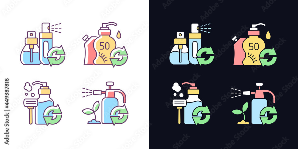 Products refill option light and dark theme RGB color icons set. Perfume sprayer. Sunscreen bottle. Isolated vector illustrations on white and black space. Simple filled line drawings pack