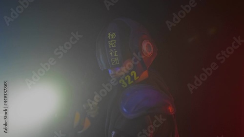 Cyberpunk future concept. Police officer twitches cocking lever of gun with lantern in dark. Bionic cyborg robot aims. Halfman shoots around in smoke. Science fiction scene. Red blue light blinks photo