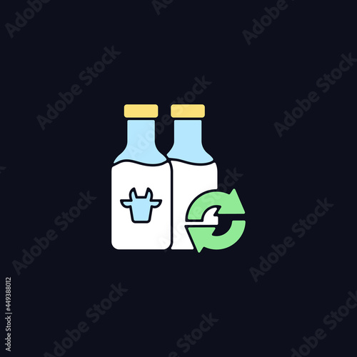Refillable milk bottles RGB color icon for dark theme. Glass bottle for lactose drink. Eco friendly package. Isolated vector illustration on night mode background. Simple filled line drawing on black