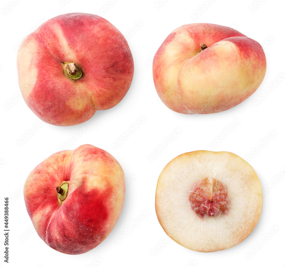 Set of flat peaches on a white background. The view from top Set of flat peaches on a white background. The view from top