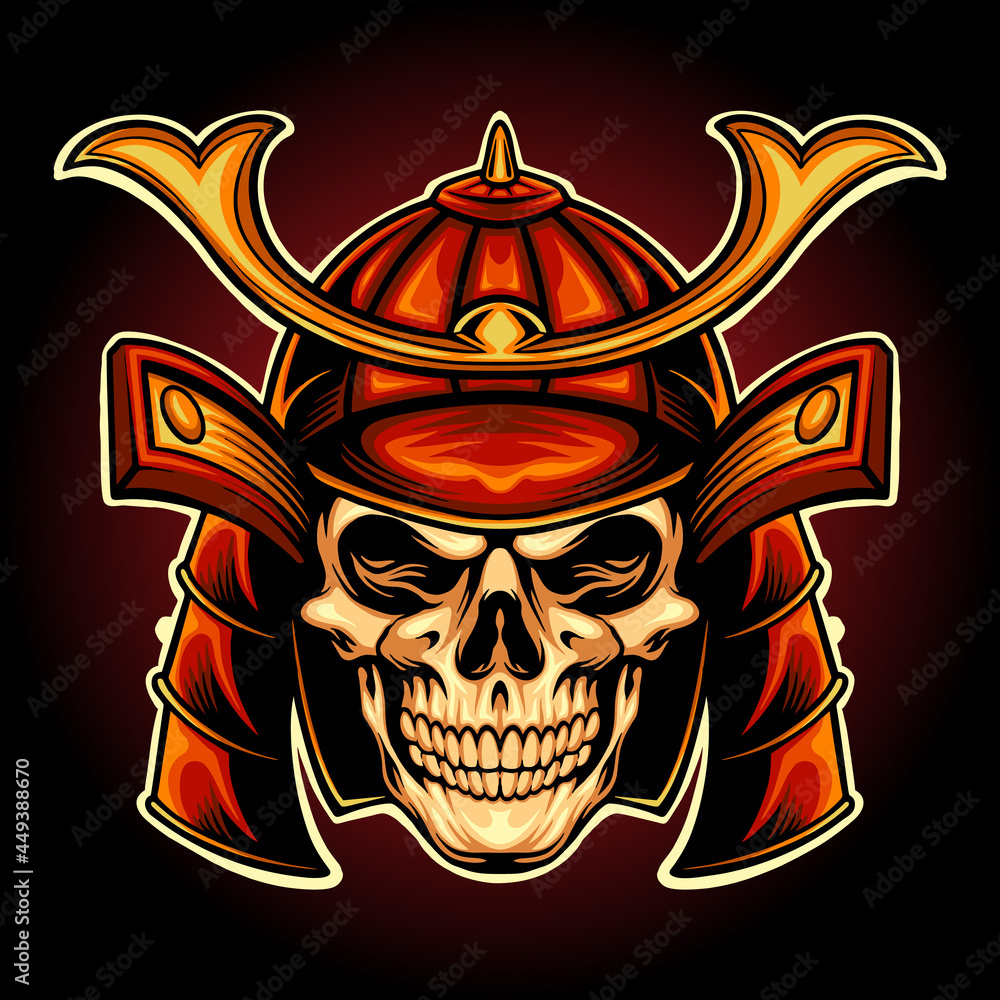 Japan Skull Samurai Warrior Vector illustrations for your work Logo, mascot merchandise t-shirt, stickers and Label designs, poster, greeting cards advertising business company or brands.