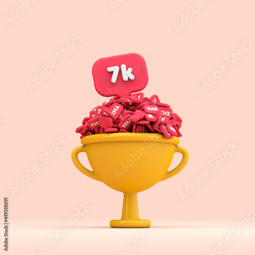 Thank you 7k social media followers celebration trophy. 3D render photo