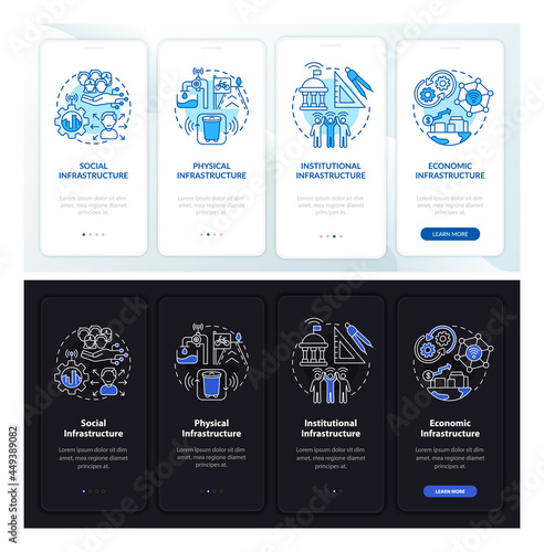 Smart city pillars dark and light onboarding mobile app page screen. Walkthrough 4 steps graphic instructions with concepts. UI, UX, GUI vector template with linear night and day mode illustrations