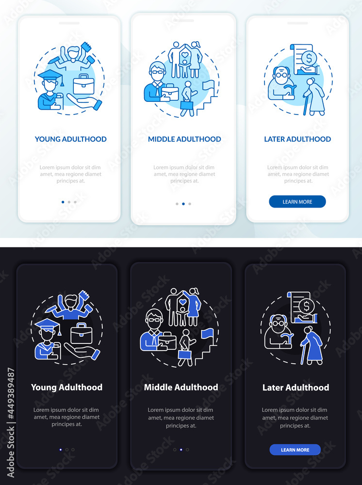 Stages of adulthood onboarding mobile app page screen. Life realisation walkthrough 3 steps graphic instructions with concepts. UI, UX, GUI vector template with linear night and day mode illustrations