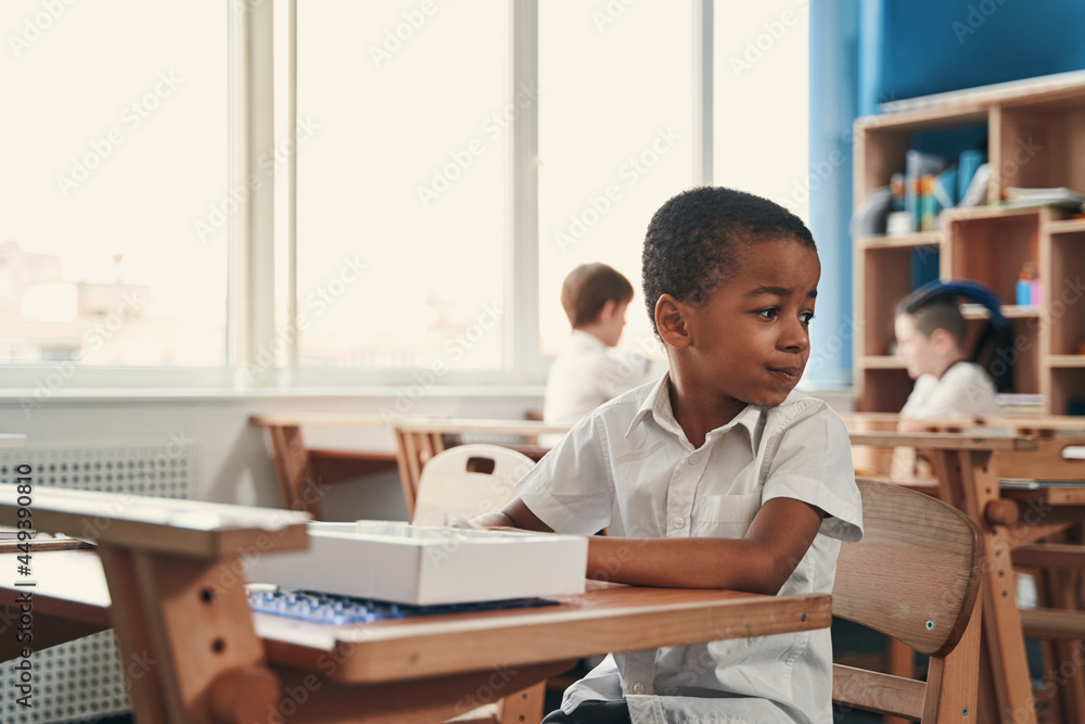 Calm boy behaving quietly at the school lesson Calm boy behaving quietly at the school lesson