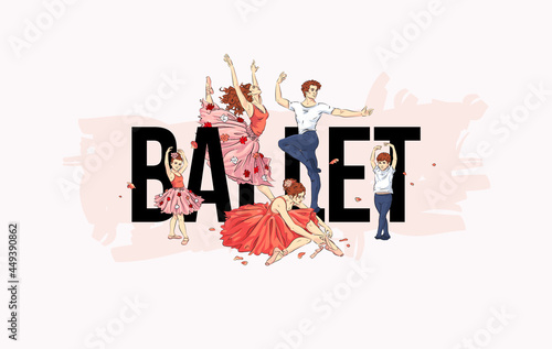 Ballet school dance studio landing web page, concept banner design template. Vector illustration of ballerinas