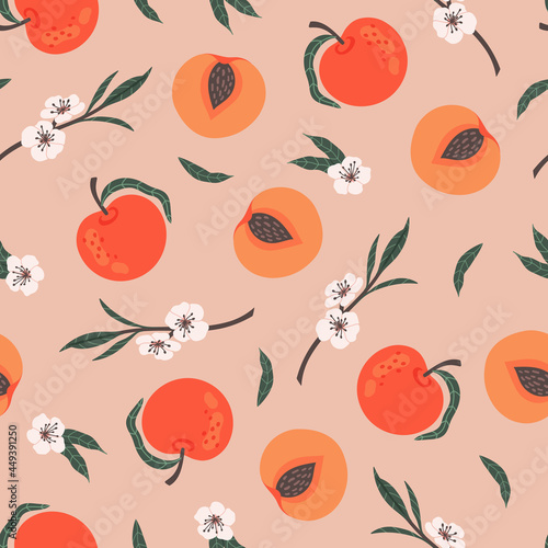 colorful peaches and sliced pieces seamless pattern. hand drawn background, design for paper, cover, fabric, packaging, interior decor