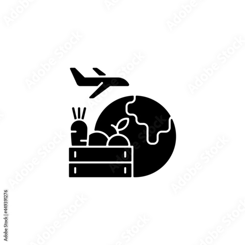 Agricultural products export black glyph icon. Agricultural goods delivering. Shipping commodities. Global market sales. Silhouette symbol on white space. Vector isolated illustration