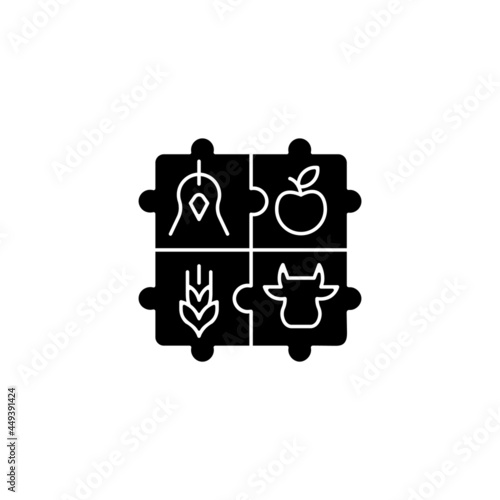 Agricultural cooperative black glyph icon. Farmers co op. Farmers society, organization. Agribusiness economic development. Silhouette symbol on white space. Vector isolated illustration photo