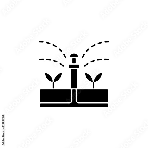 Irrigation device black glyph icon. Automated watering system for crop and landscape. Avoid soil consolidation. Plants care. Silhouette symbol on white space. Vector isolated illustration