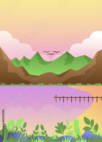 Summer Illustration of Sunset Landscape at Coast, Beach or Lake with Cliff, Mountains Background