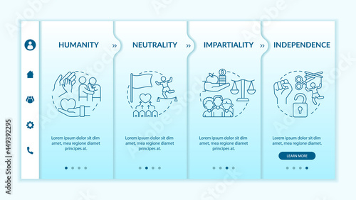 Humanitarian aid onboarding vector template. Responsive mobile website with icons. Web page walkthrough 4 step screens. Humanity, impartiality color concept with linear illustrations