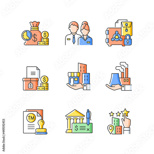 Business development RGB color icons set. Company staff. Short-term deposit. Plants, building ownership. Trademark. Bank draft. Isolated vector illustrations. Simple filled line drawings collection