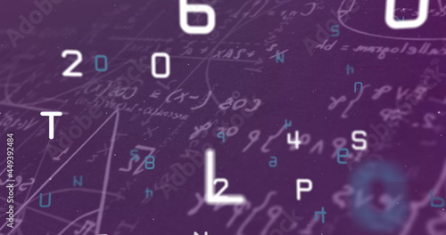 Multiple changing numbers and alphabets against mathematical equations on purple background