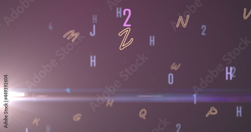 Digital image of multiple changing numbers and alphabets against spot of light on purple backgro