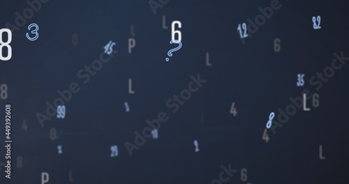 Digital image of multiple changing numbers and alphabets against spot of light on blue backgroun