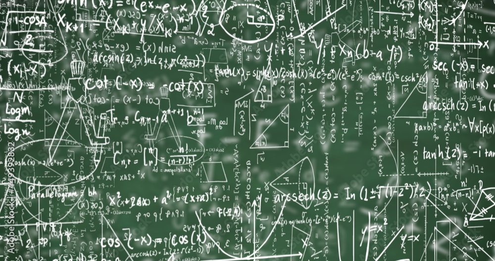 Digital image of mathematical equations moving against mathematical symbols on green background