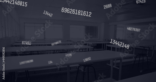 Digital composition of multiple changing numbers floating against empty classroom in background