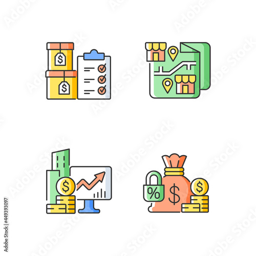 Company stocks and franchising RGB color icons set. Finished goods. Fixed deposit. Asset management. Financial relationship. Isolated vector illustrations. Simple filled line drawings collection