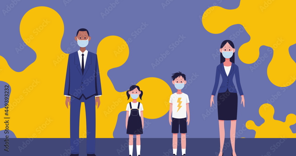 Family wearing face masks against Covid-19 cells on blue background Family wearing face masks against Covid-19 cells on blue background
