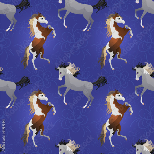 Printable background with horse. Seamless pattern on blue background