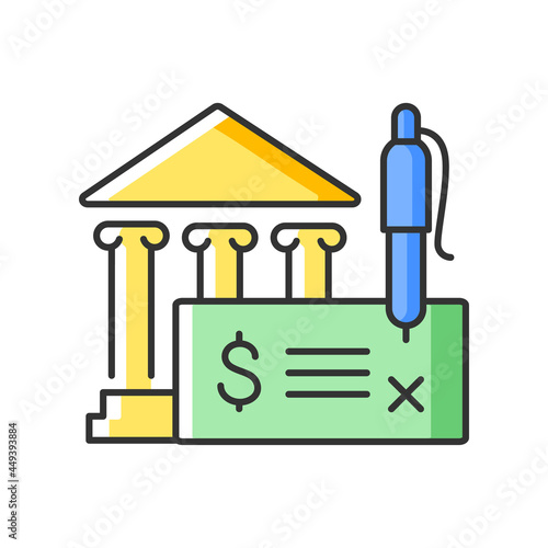 Bank draft RGB color icon. Payment providing. The funds for the recipient guaranteeing. Teller check. Money transfer. Clearing house. Isolated vector illustration. Simple filled line drawing
