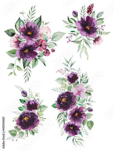 Fototapeta Naklejka Na Ścianę i Meble -  Watercolor purple flowers and green leaves bouquets illustration