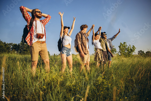 Group of friends, young men and women walking, strolling together during picnic in summer forest, meadow. Lifestyle, friendship, photo